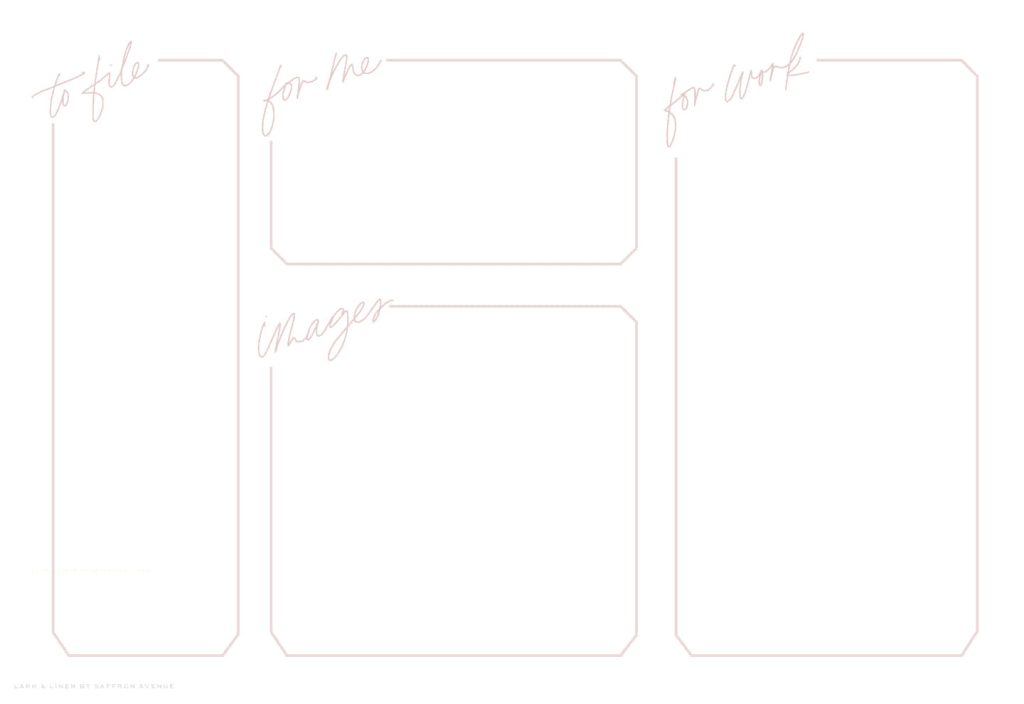 Minimalist blush pink desktop organizer wallpaper with categorized sections by Lark and Linen