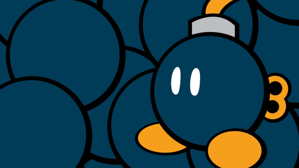 Minimalist Mario Bob-omb wallpaper bold outlines simple colors marching toward target background
