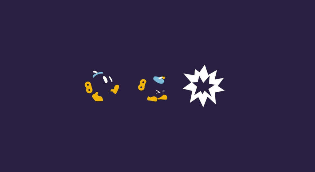 Close-up of iconic Bob-omb from Super Mario on dark background with playful explosion wallpaper