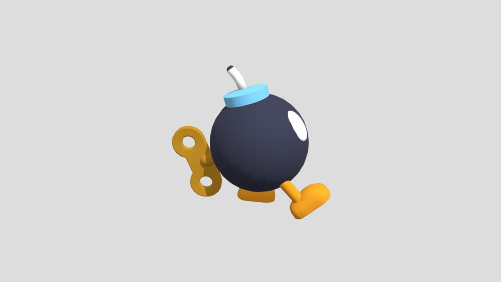 Minimalist Bob-omb Mario wallpaper with classic wind-up key and vibrant yellow feet on white background