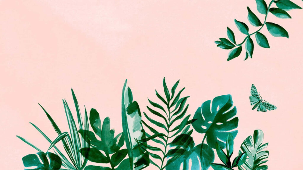Minimalist Boho Wallpaper: Serene Peach with Green Botanicals & Butterfly