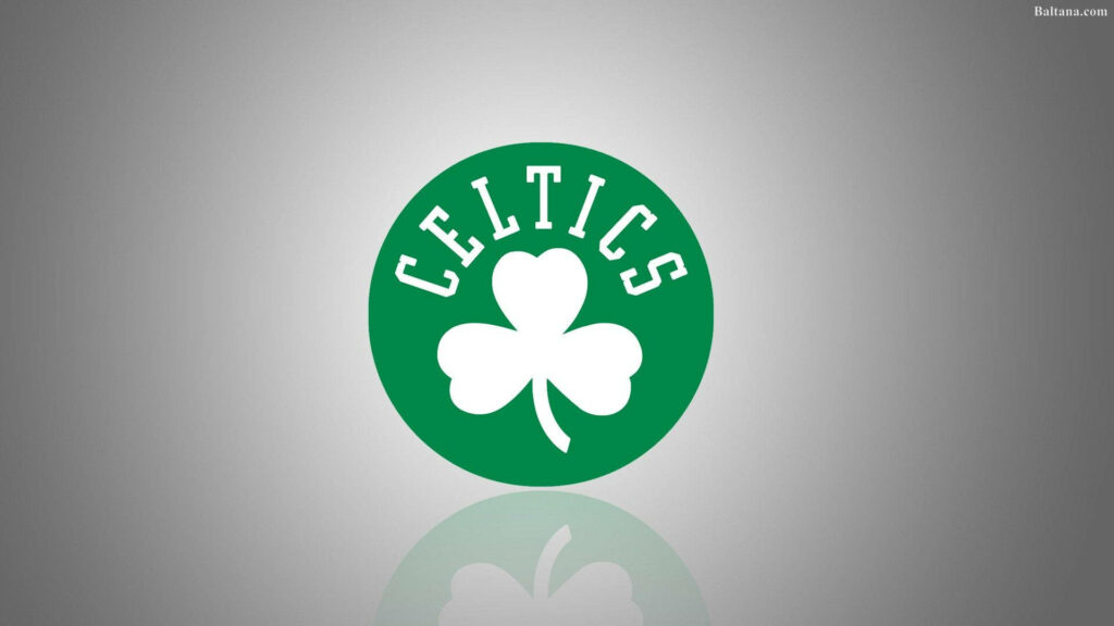 Minimalist Boston Celtics shamrock logo on grey gradient background with bold Celtics lettering Wallpaper