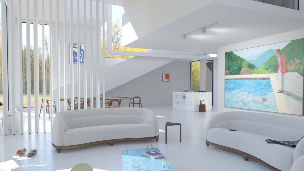 Bright minimalist living room Zoom background with white architecture, curved sofas, and Hockney art Wallpaper
