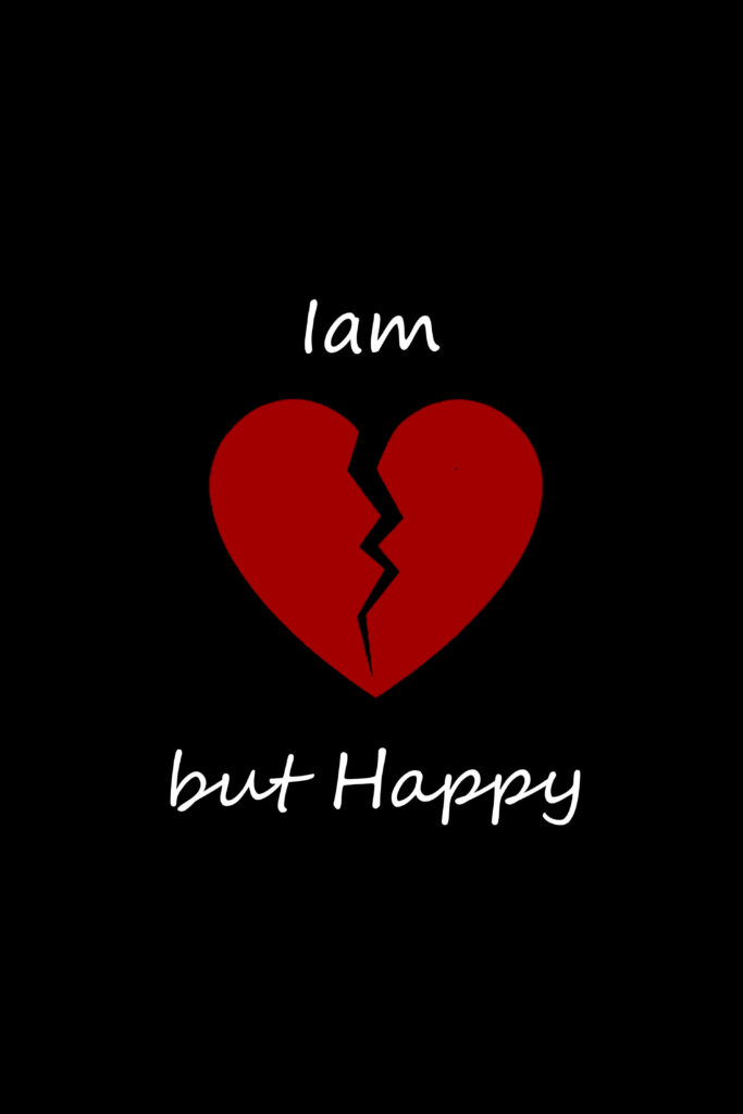 Minimalist broken heart wallpaper with red split heart and white handwritten text on black background