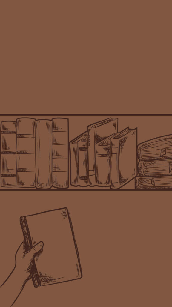 Cozy Minimalist Brown Bookshelf Wallpaper with Hand-Drawn Style
