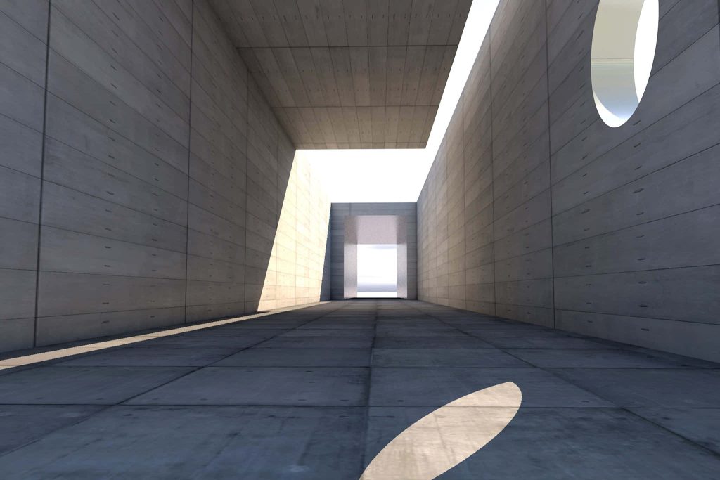 Minimalist brutalist concrete hallway with geometric design and natural light shadows wallpaper