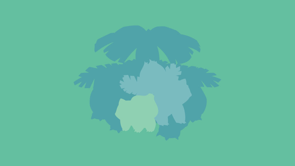 Minimalist Bulbasaur Ivysaur Venusaur silhouette wallpaper with blue green gradient on mint background