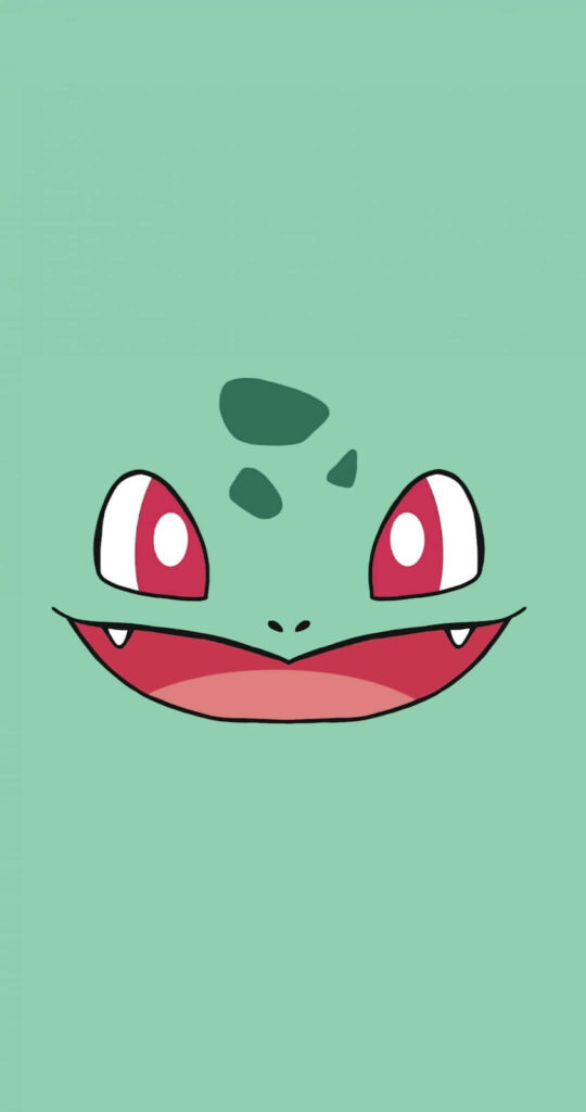 Minimalist Bulbasaur close-up with big red eyes green spots pastel background wallpaper