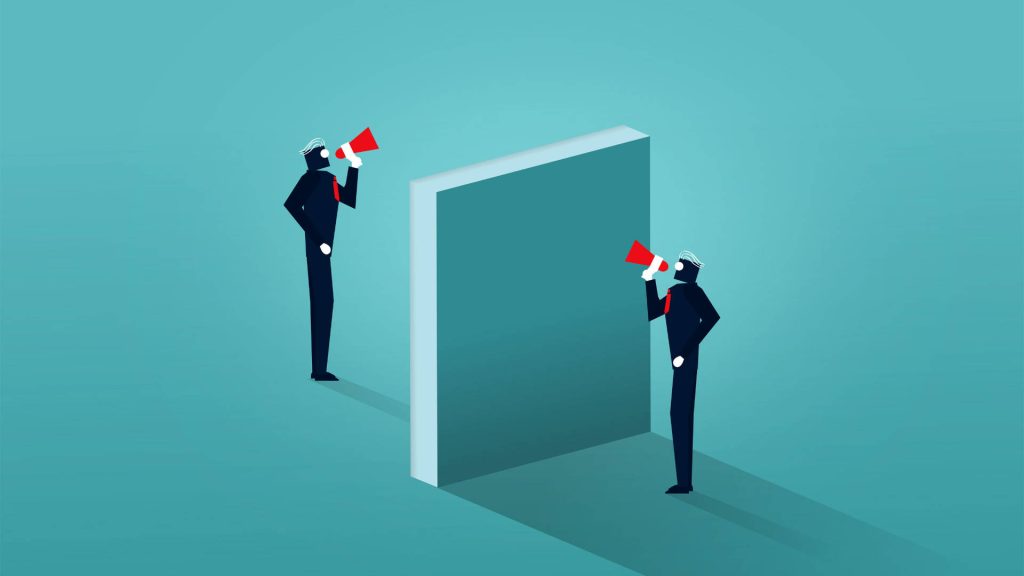 Minimalist illustration of two businessmen shouting with megaphones separated by grey wall teal background Wallpaper
