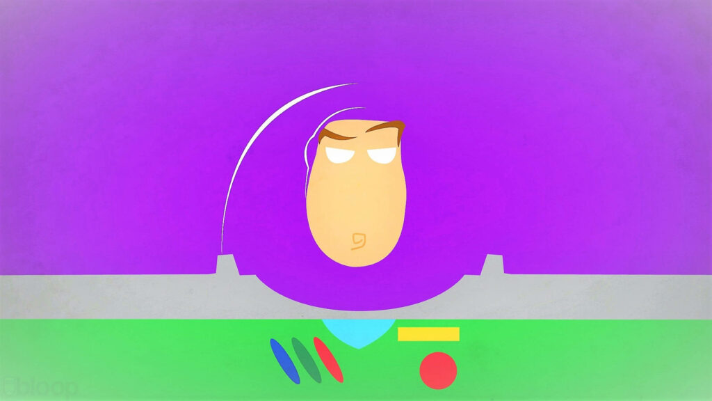 Minimalist vector art of Buzz Lightyear in bold purple green and beige geometric shapes wallpaper