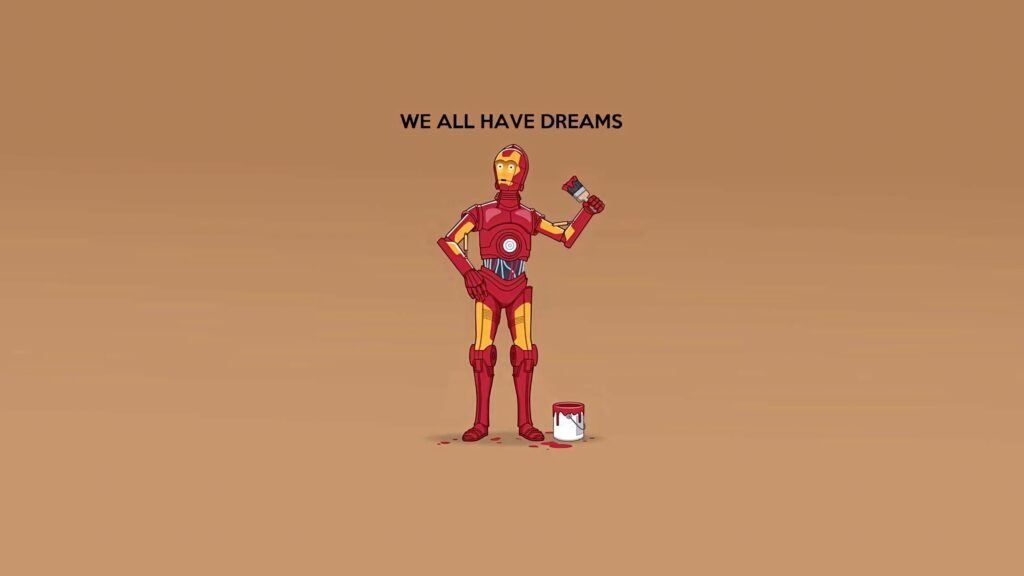 Minimalist Star Wars wallpaper of C-3PO styled as Iron Man in red gold with dreams caption