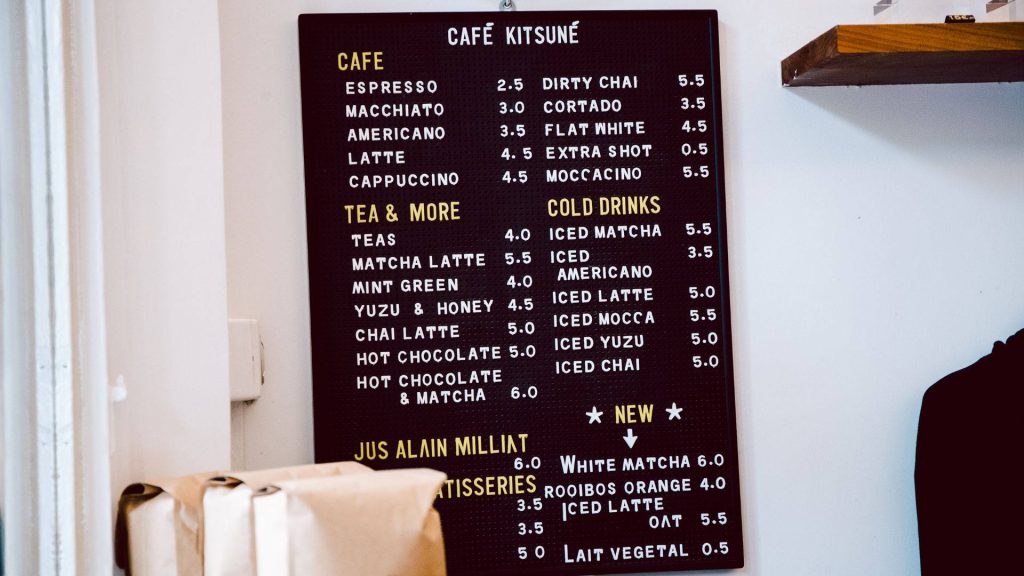 Minimalist Café Kitsuné menu board wallpaper dark tones coffee tea prices background