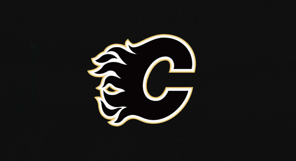 Minimalist Calgary Flames wallpaper with bold black flaming C outlined in gold on black background
