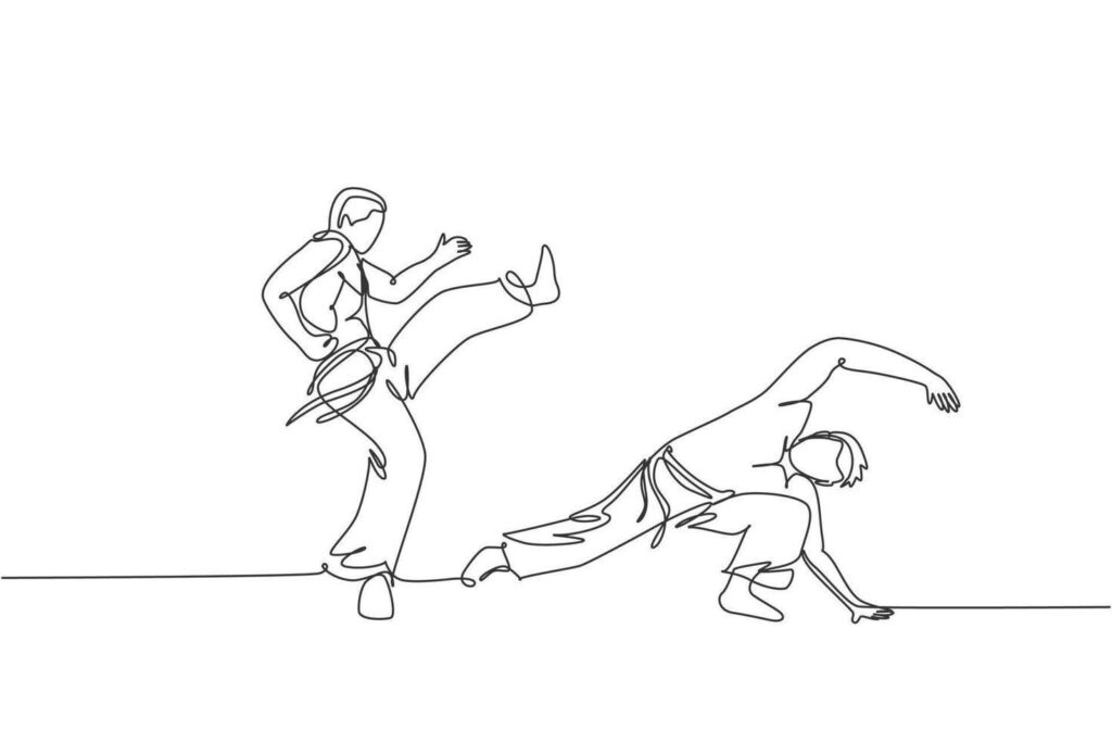 Minimalist wallpaper with line art of two people performing dynamic Capoeira martial arts poses