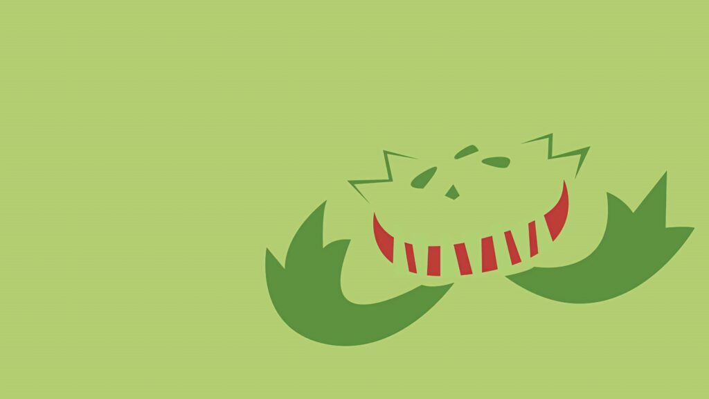 Minimalist Carnivine wallpaper with wide smile pointed teeth and bold green red hands on lime background