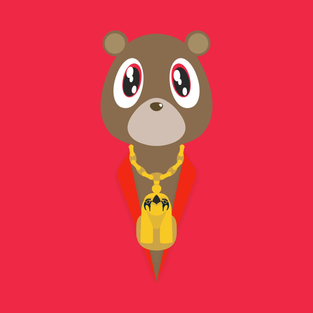 Cartoon Bear in Red Jacket & Gold Chain - Minimalist Wallpaper