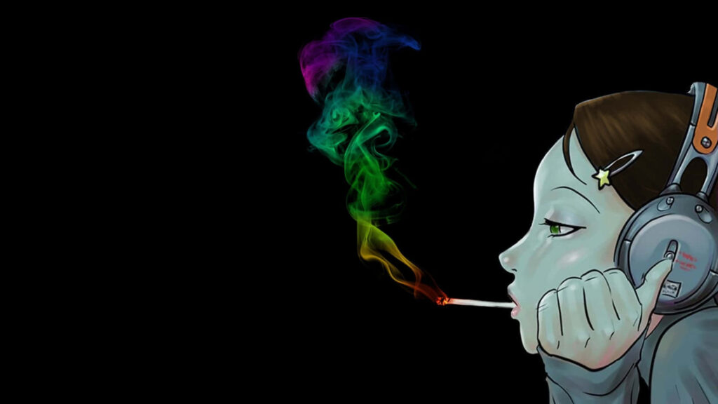 Minimalist Cartoon Girl Smoking: Colorful Swirls on Dark Wallpaper