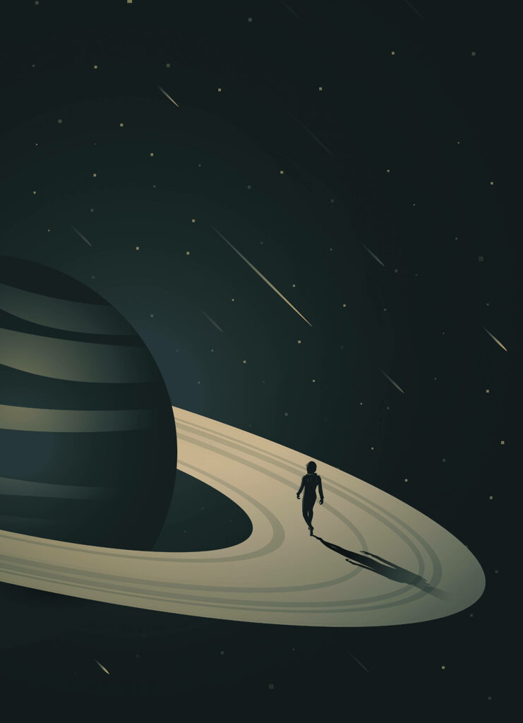 Minimalist Jupiter Rings Wallpaper: Cartoon Style & Starry Sky