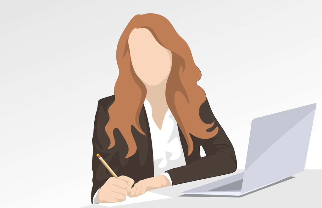 Minimalist Cartoon Woman at Desk - Professional Wallpaper Background