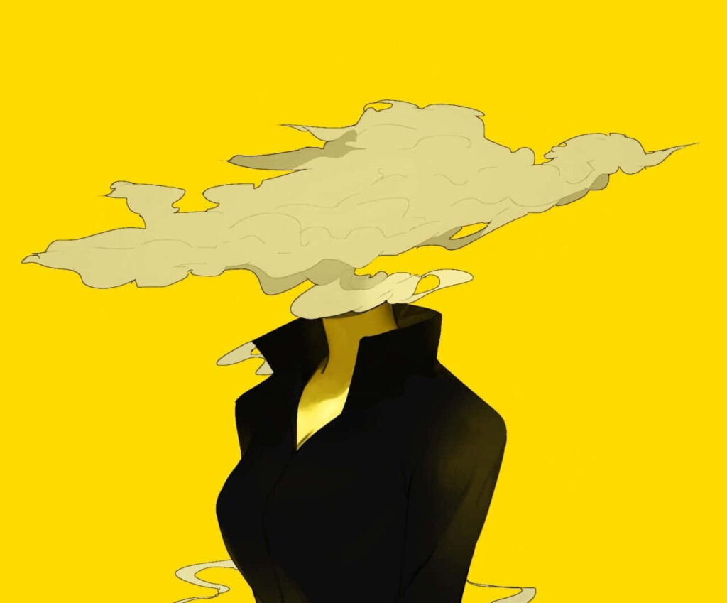 Minimalist Celty Sturluson wallpaper with headless character and smoke on vivid yellow background