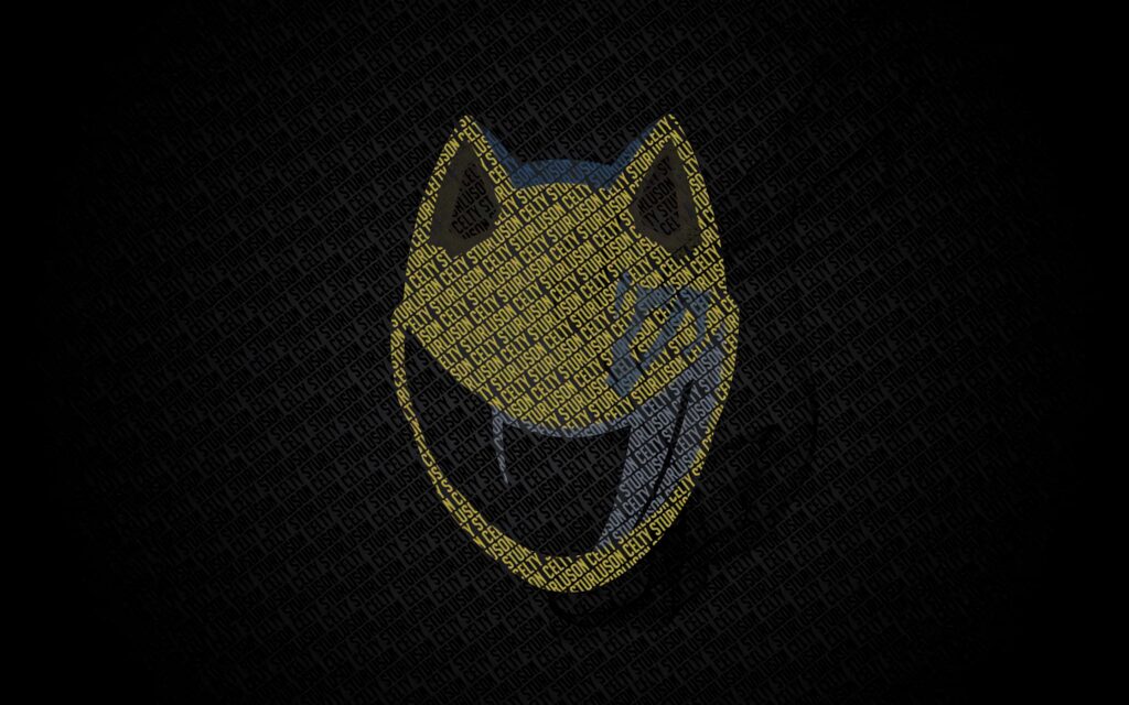 Minimalist Celty Sturluson wallpaper with yellow cat-eared helmet made of layered text on dark background