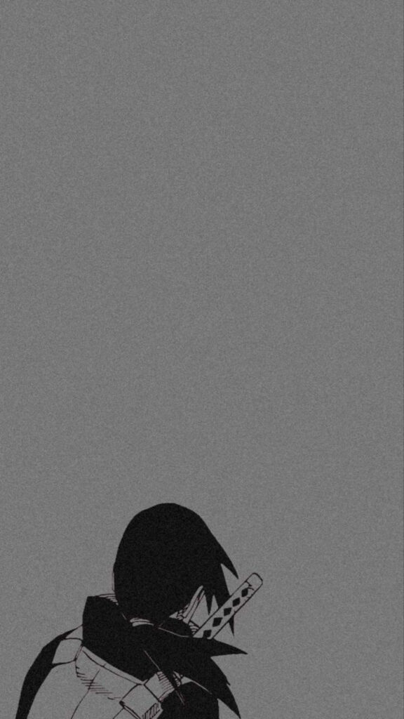 Minimalist Dark Haired Character with Sword on Gray Wallpaper