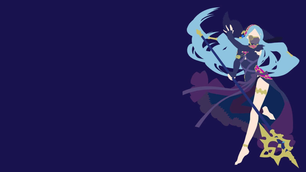 Minimalist Character Wallpaper: Dark Blue Design with Flowing Hair