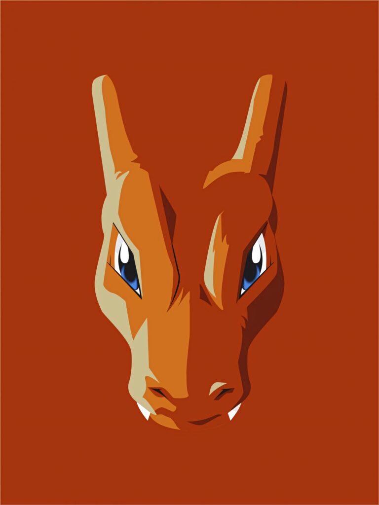 Minimalist Charizard wallpaper with bold orange shades sharp lines fierce fiery Pokemon design