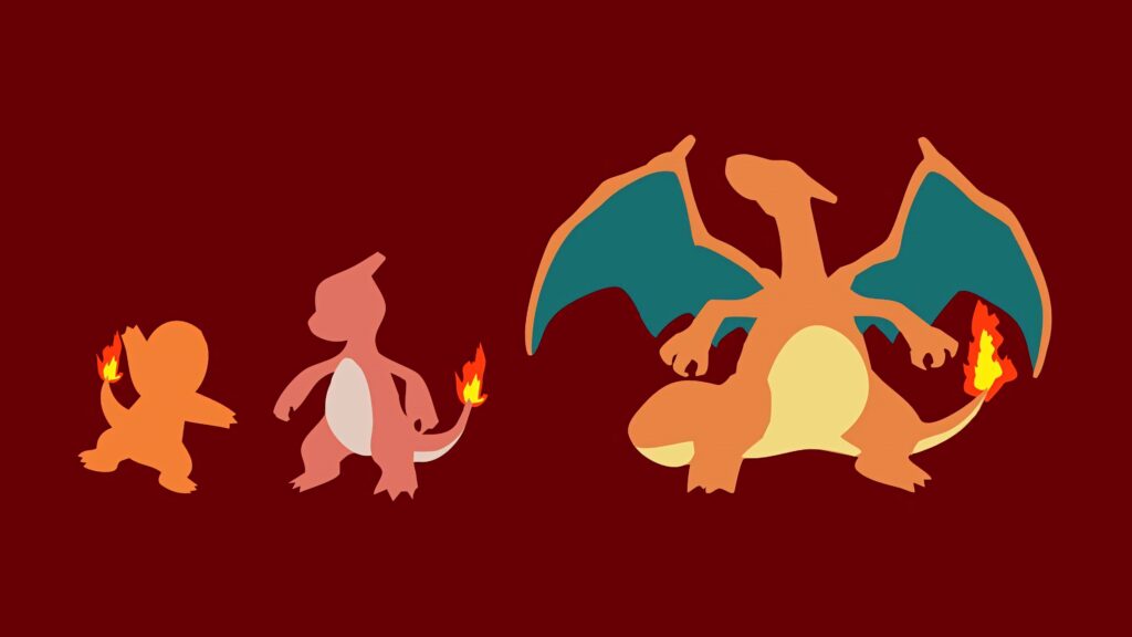 Minimalist Charmander Charmeleon Charizard evolution wallpaper vibrant orange flames red background