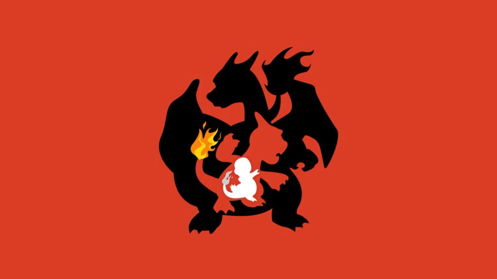 Minimalist Charmander Charmeleon Charizard silhouettes layered on bold red fiery evolution wallpaper