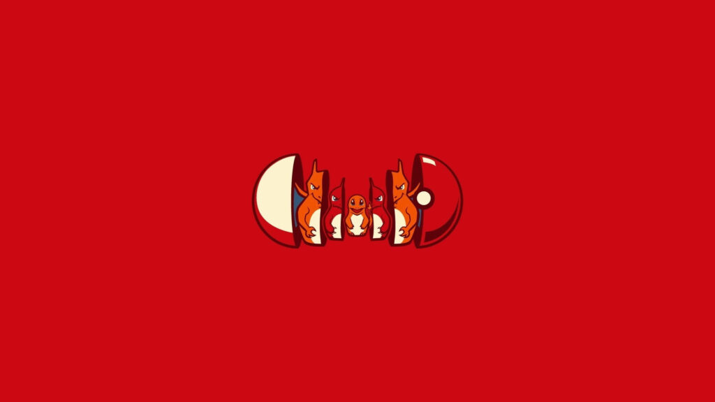 Minimalist Charmander and Charmeleon evolution wallpaper in Poké Ball on bold red fire-type background
