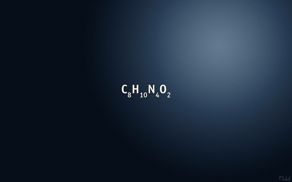 Minimalist wallpaper with C8H10N4O2 chemical formula on dark gradient background chemistry design