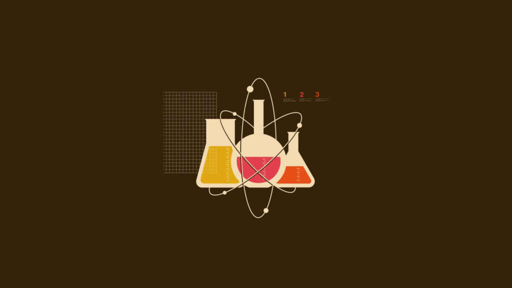 Minimalist chemistry wallpaper with vibrant orange red liquids in flasks on dark atomic grid background