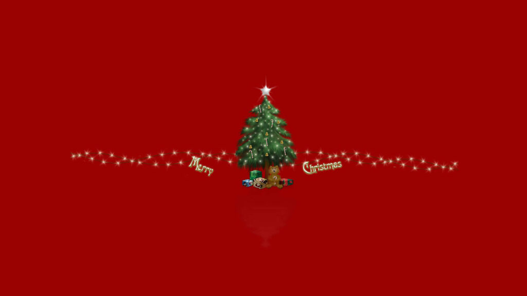 Elegant Minimalist Christmas Wallpaper: Red Background & Decorated Tree