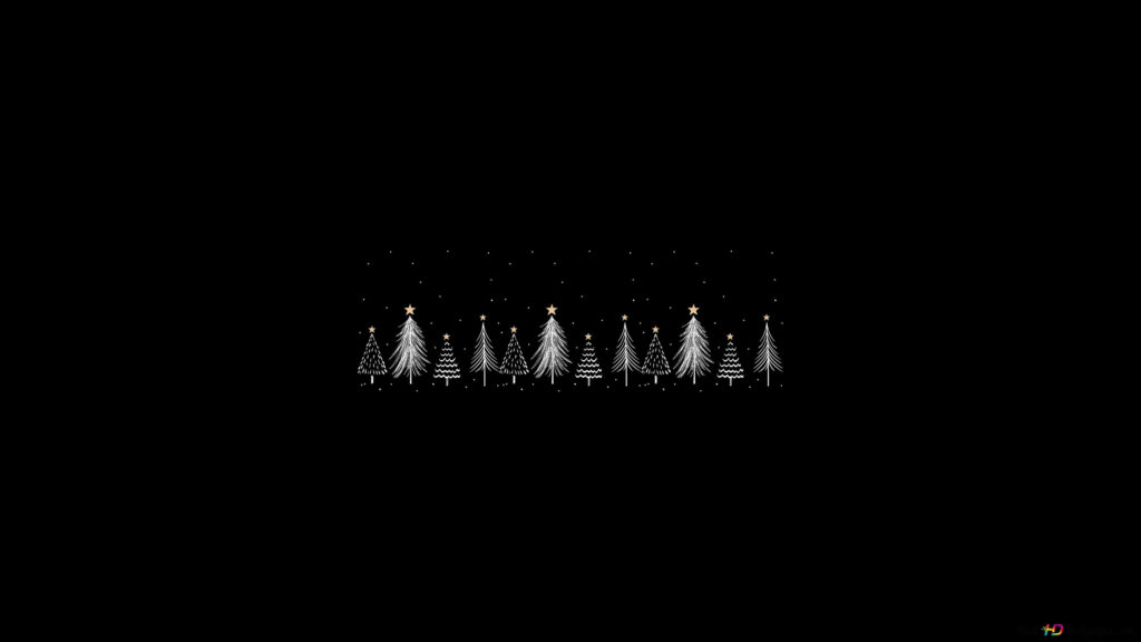 Minimalist Christmas Wallpaper: White Trees & Snowflakes on Black