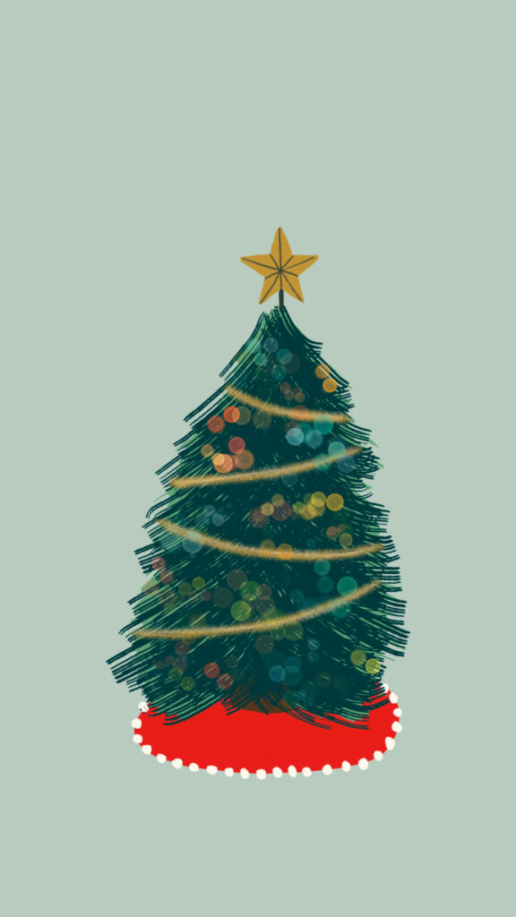 Minimalist Christmas Tree Wallpaper with Colorful Baubles & Red Skirt