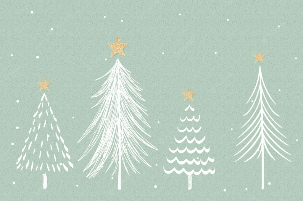 Minimalist White Christmas Trees with Gold Stars on Muted Green Wallpaper