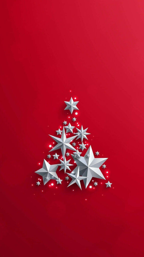 Minimalist Christmas Tree Wallpaper: Silver Stars on Red Background