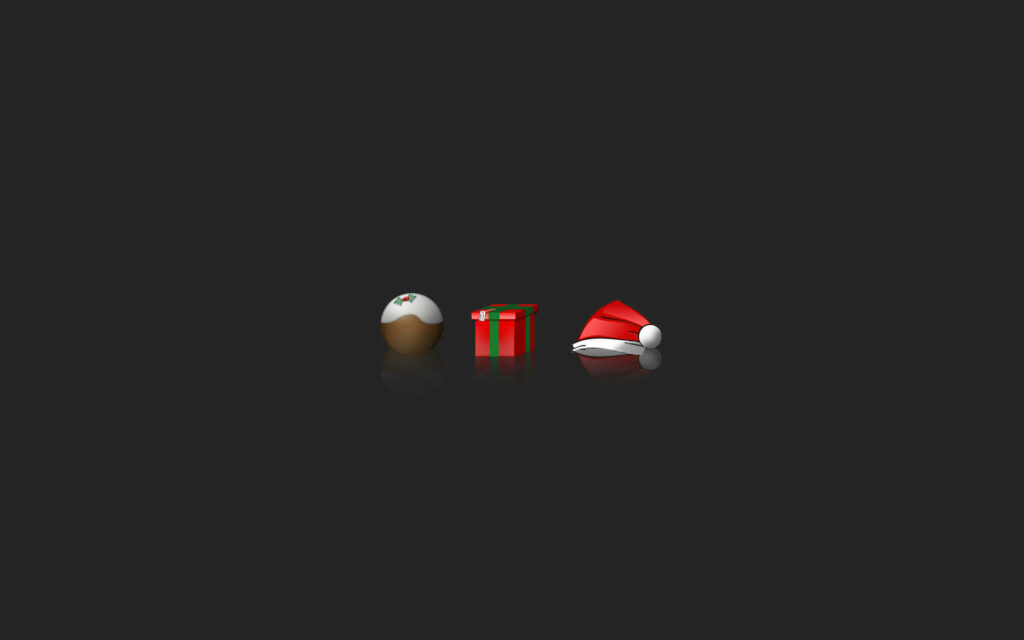 Minimalist Christmas Wallpaper: Pudding, Gift Box & Santa Hat on Black