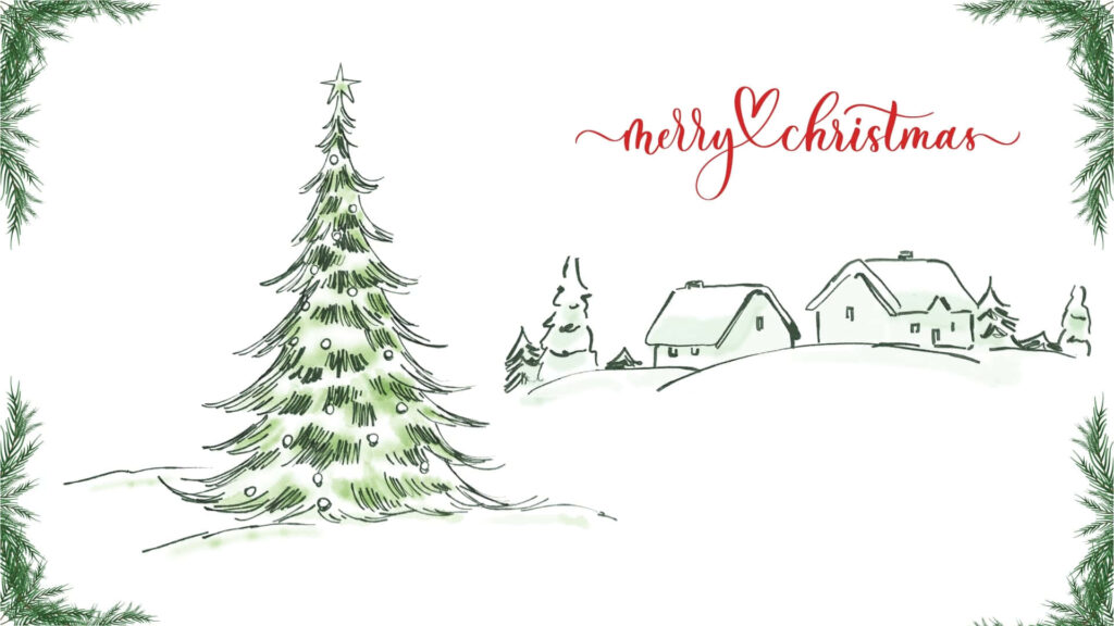 Minimalist Christmas Wallpaper: Serene Tree & Snowy Village Background