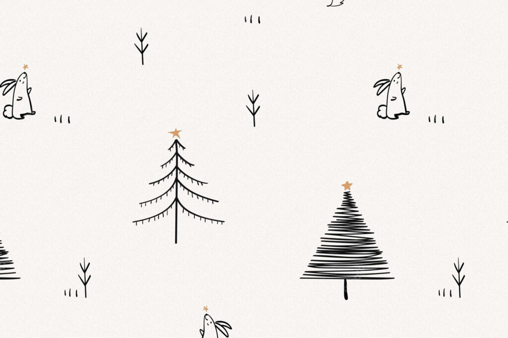 Festive Minimalist Wallpaper: Line-Drawn Trees & Cute Rabbits