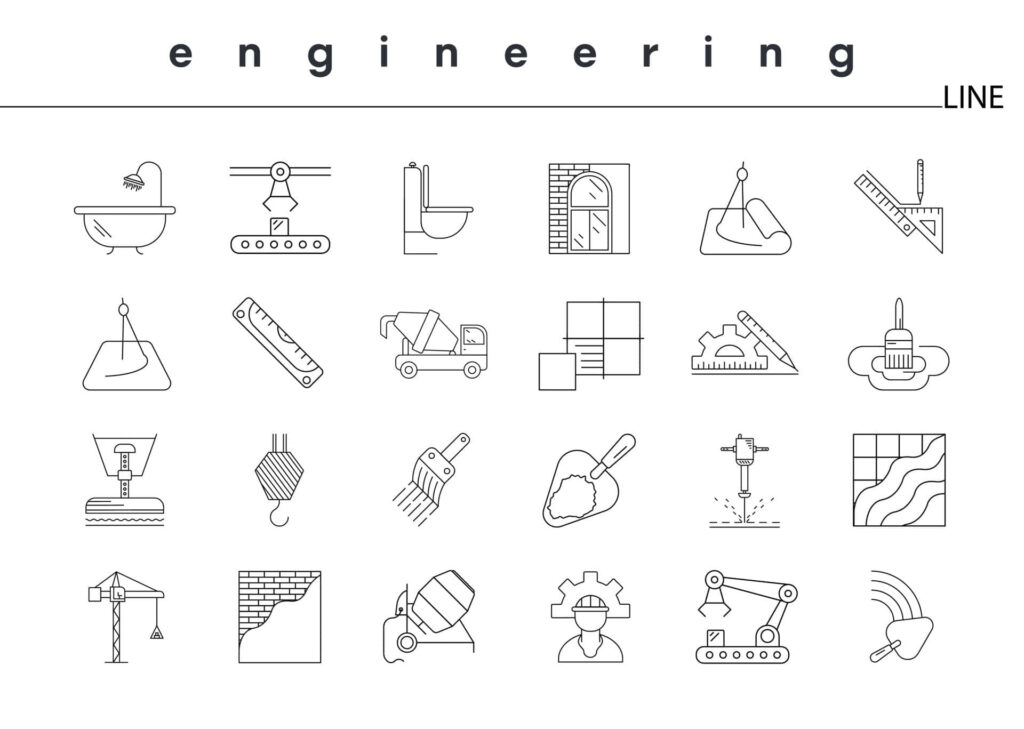 Minimalist civil engineering wallpaper with black line icons of tools machinery safety gear and materials