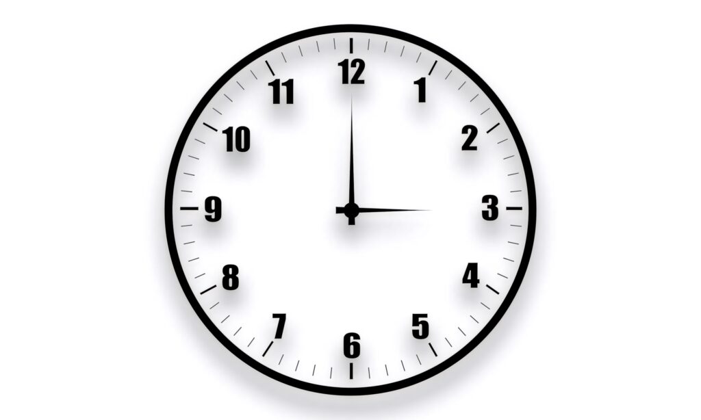 Minimalist clock wallpaper with bold black numbers and hands on clean white background with shadow