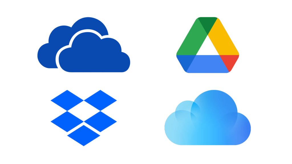 Minimalist wallpaper with Microsoft OneDrive Google Drive Dropbox Apple iCloud logos grid background