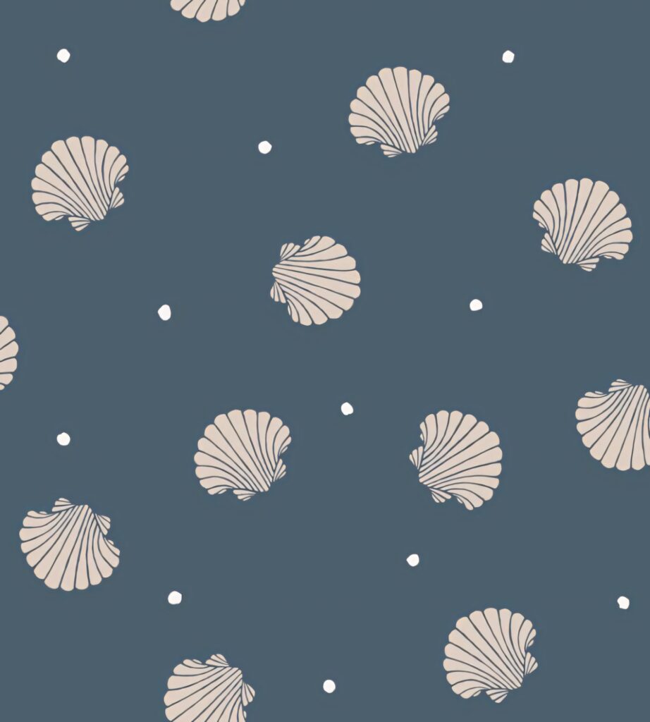Minimalist wallpaper with beige cockle seashells and white dots on navy blue coastal background