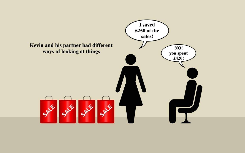 Minimalist comic wallpaper shows Kevin and partner with red sale bags in humorous money debate