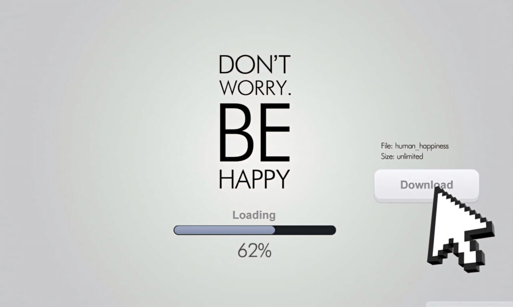 Minimalist computer wallpaper with Don't Worry Be Happy phrase and 62 percent loading bar design