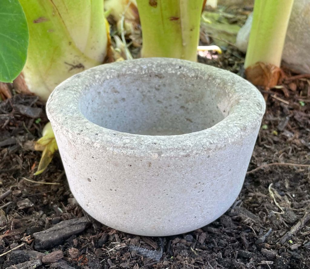 Minimalist concrete pot on dark mulch with soft natural light and blurred green garden background Wallpaper