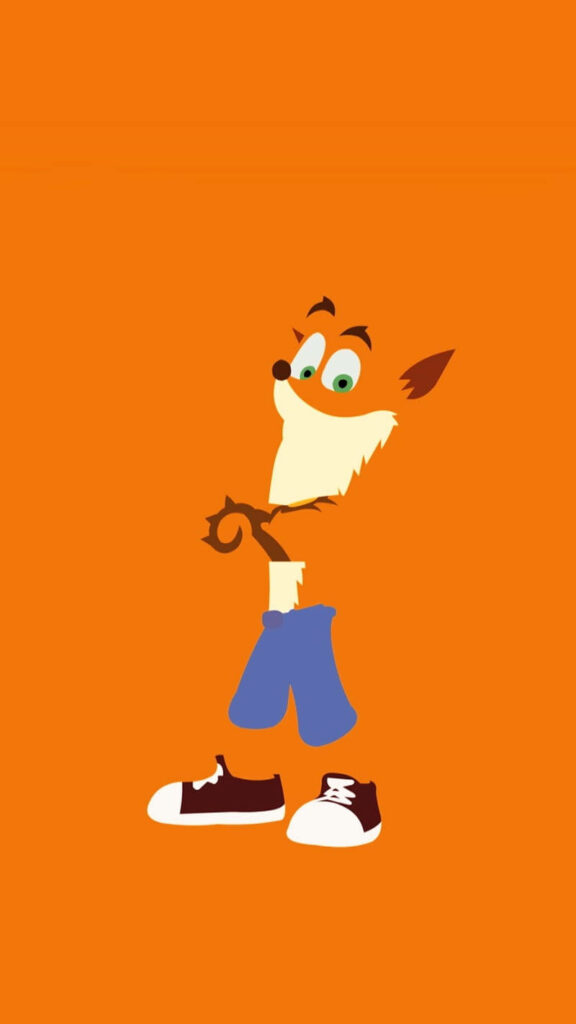 Minimalist digital art of Crash Bandicoot with bright eyes and spiky hair on orange background Wallpaper