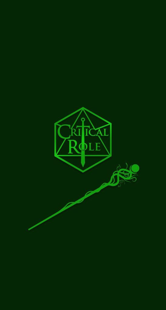 Minimalist Critical Role wallpaper with d20 sword logo and Keyleth druidic staff in green tones